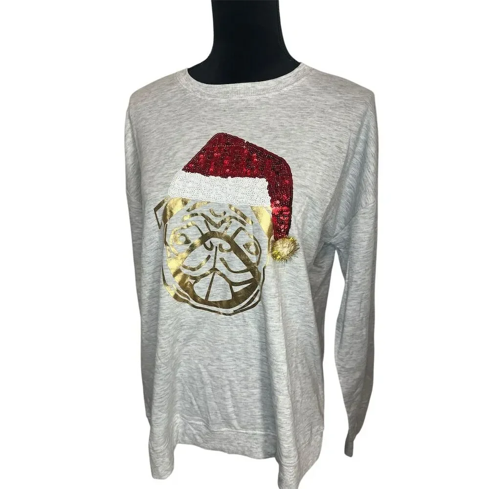 Workshop Republic Women's Gray Sequin Santa Hat‎ Dog Christmas Shirt
